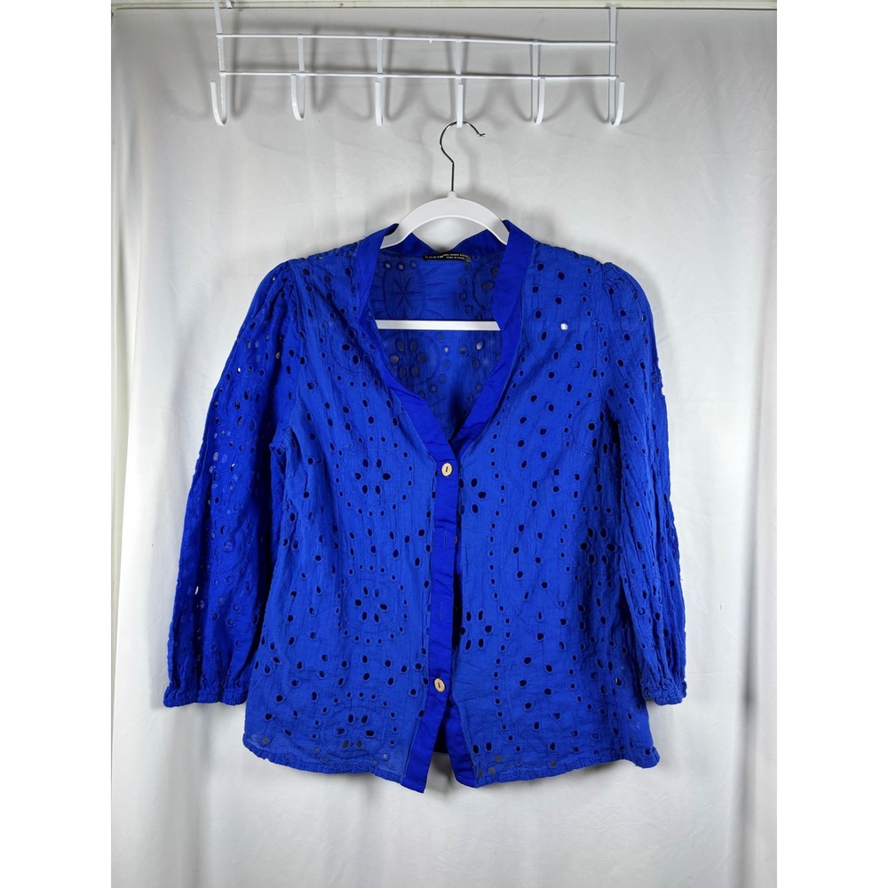 SHEIN‎ Royal Blue Eyelet Embroidered Button Front Blouse Top Size L 8/10